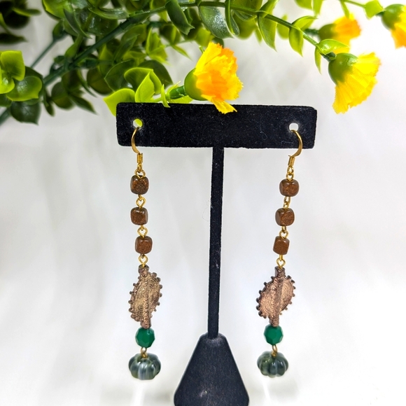 Genuine Jasper, Wood and Crystal Bead Vintage Dangle Earrings - Picture 1 of 4